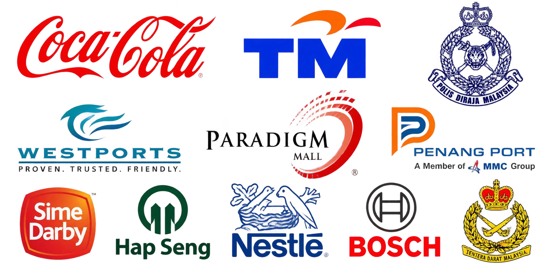 Client and past project logos from the TAS company profile, including Coca-Cola, TM, Westports, Paradigm Mall, Penang Port, Sime Darby, Hap Seng, Nestlé and Bosch